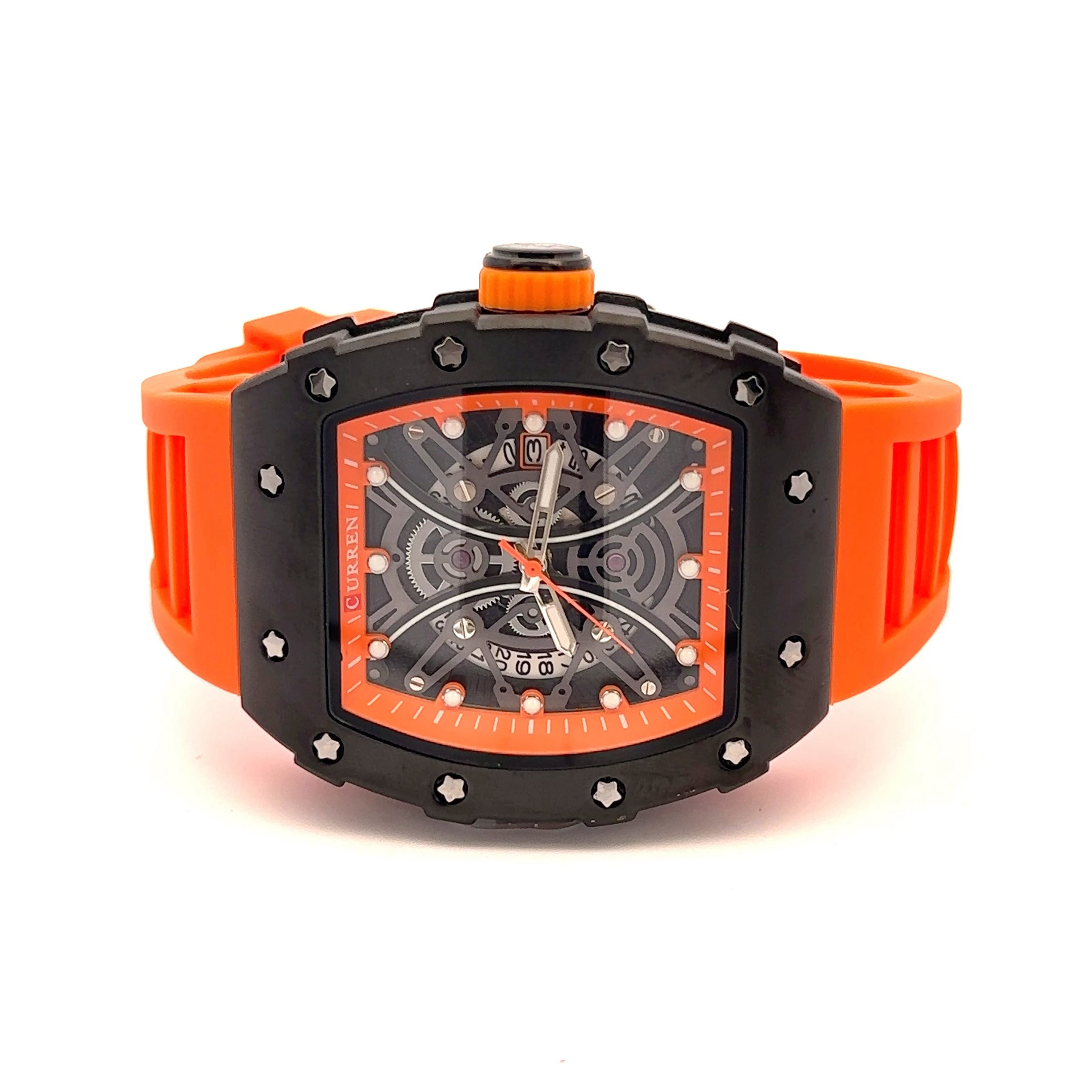 REVELAR CURREN ORANGE LEATHER ICED OUT WATCH I 5415625