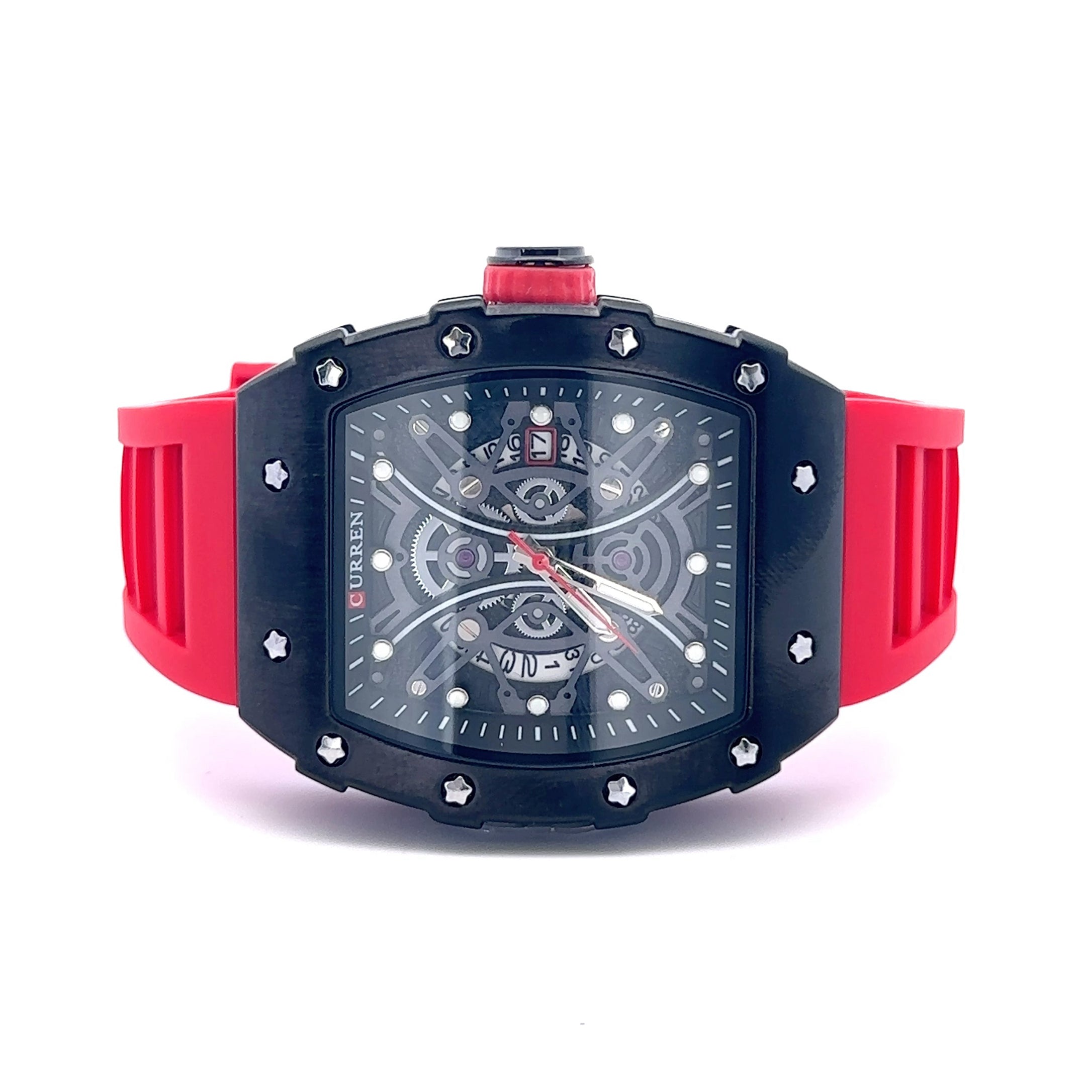 REVELAR CURREN RED LEATHER ICED OUT WATCH I 541566