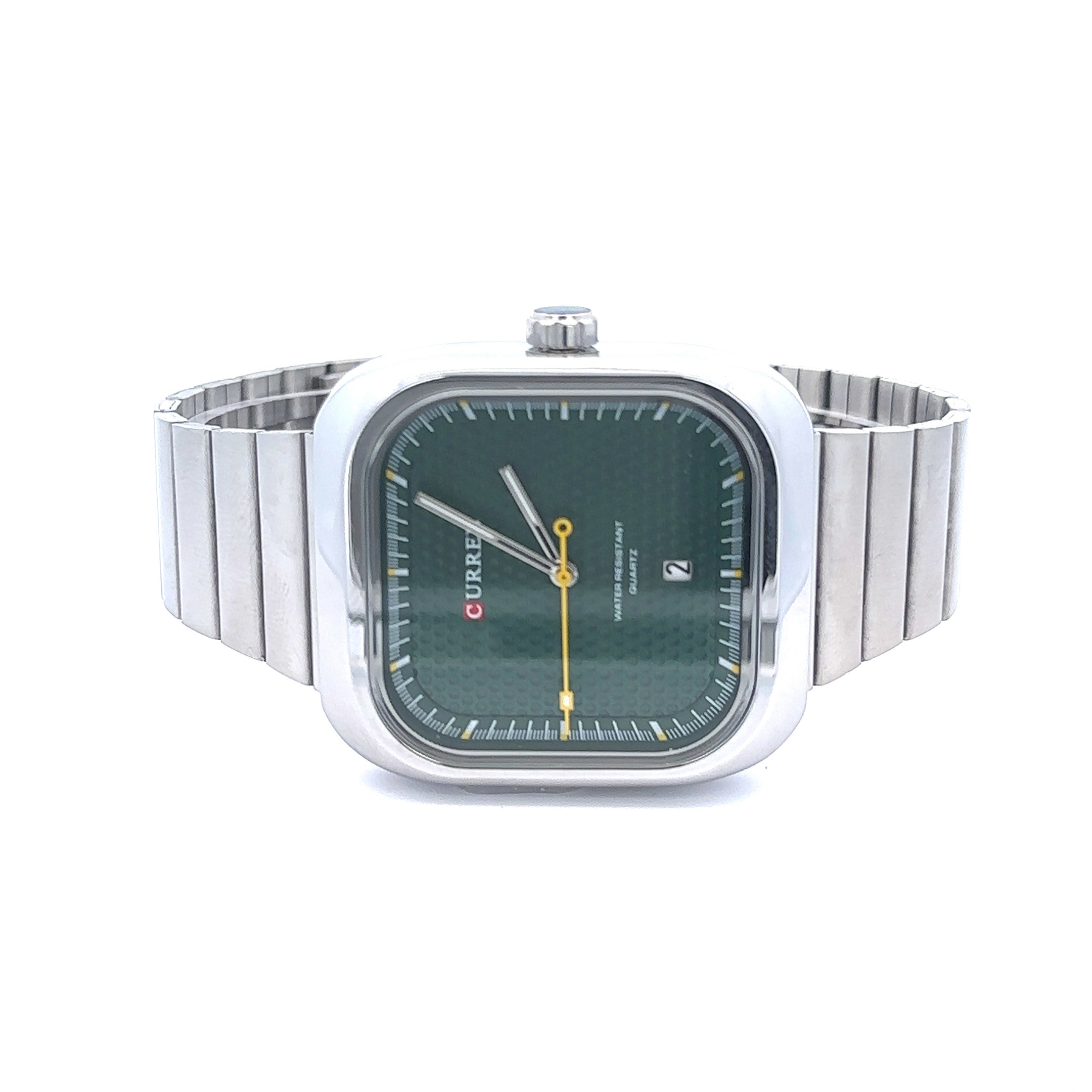 EVOCATIVE METAL BACK RHODIUM GREEN STAINLESS ICED OUT WATCH I 5516322