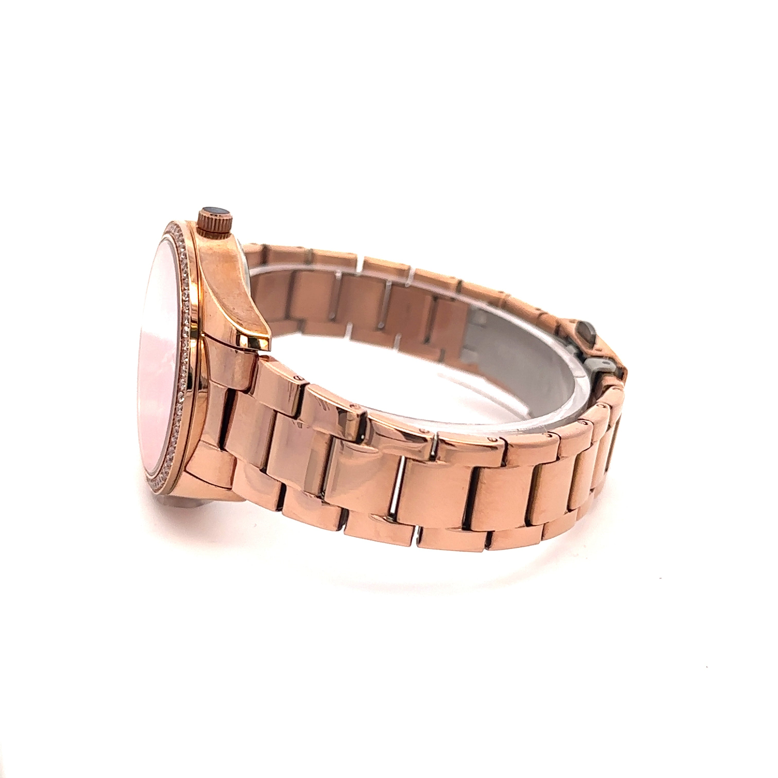 JUBBILANT METAL BACK ROSE GOLD PINK STAINLESS ICED OUT WATCH I 551806