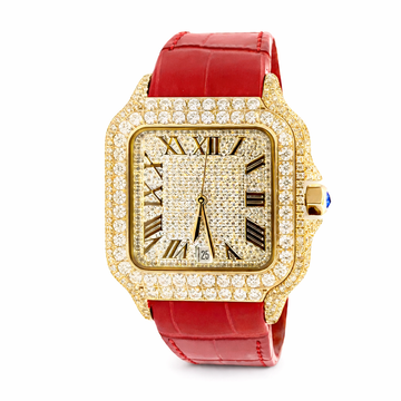 590136 | Moissanite Steel Watch GP Case Red Leather Band