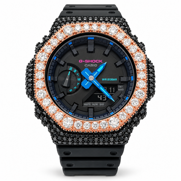 590256 | Brass Moissanite Rose Black Solitaire Cut Bezel G-Shock Watch