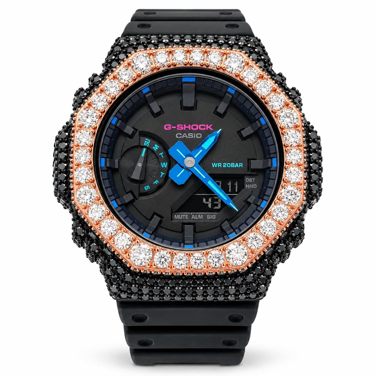 590256 | Brass Moissanite Rose Black Solitaire Cut Bezel G-Shock Watch