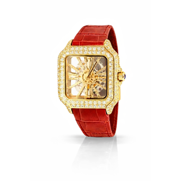 590147 | Moissanite Steel Watch Gold Skeleton Leather Red Band