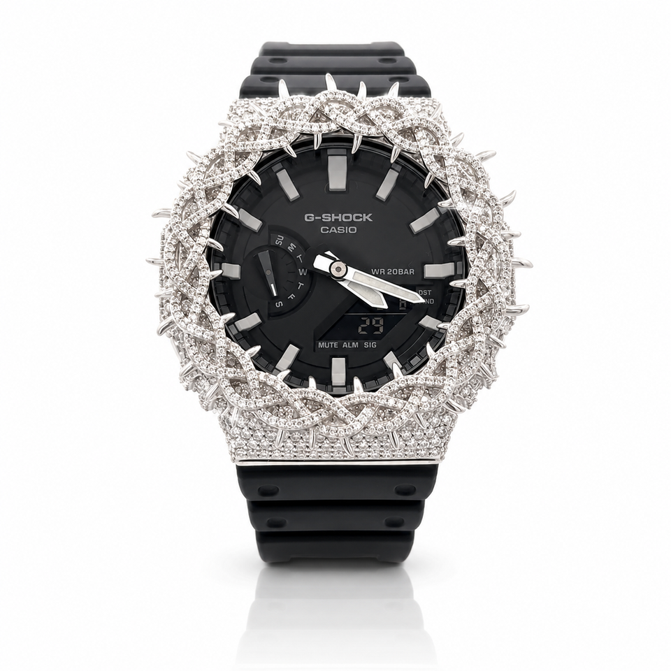590341 | 925 Silver Moissanite G-Shock Rhodium Throne Bezel Watch