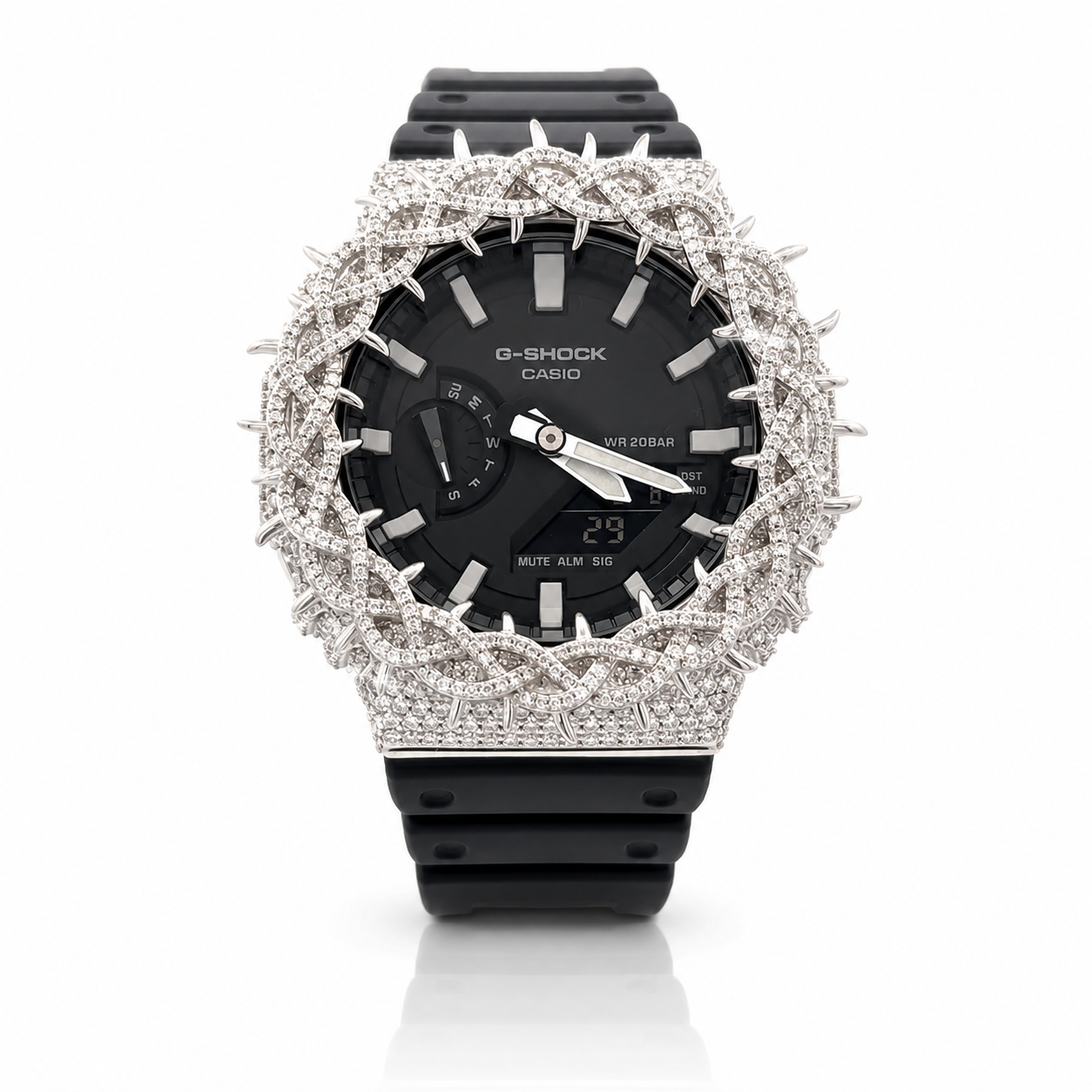 590261 | Brass Moissanite G-Shock Rhodium Throne Bezel Watch