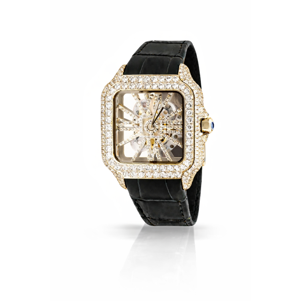 590144 | Moissanite Steel Watch Gold Skeleton Leather Black Band