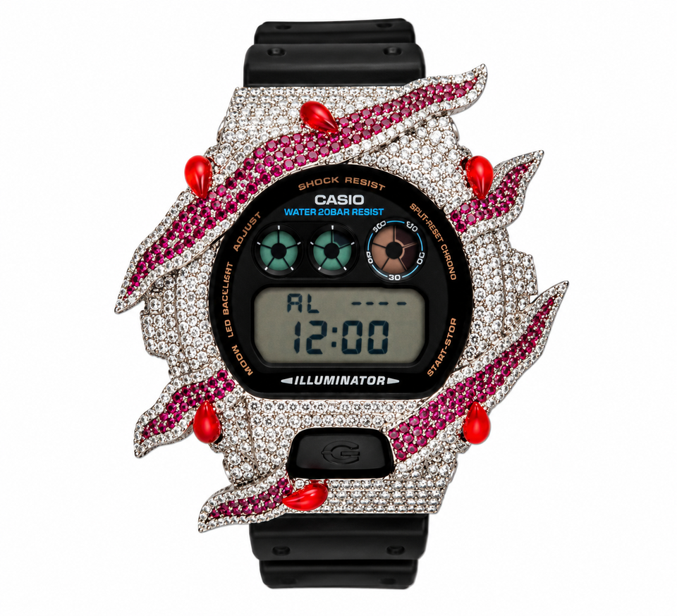 590384 | Brass Moissanite Rhodium Wire Bezel Red G-Shock Watch