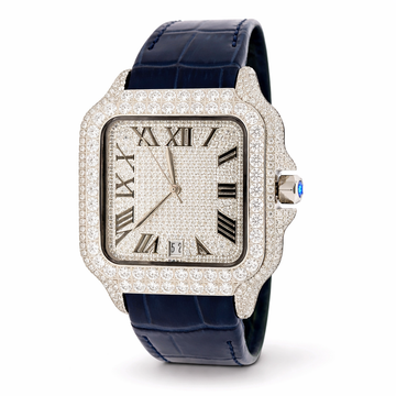5901313 | Moissanite Steel Watch RP Case Blue Leather Band Rhodium