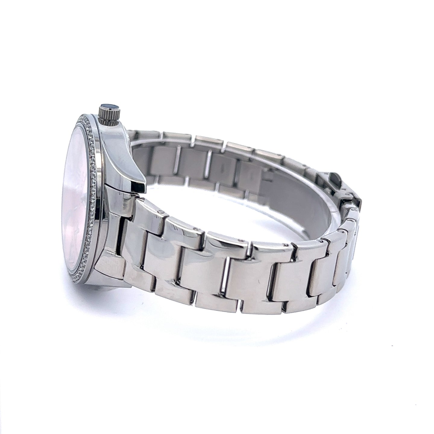 JUBBILANT METAL BACK RHODIUM PINK CURREN ICED OUT WATCH I 551809