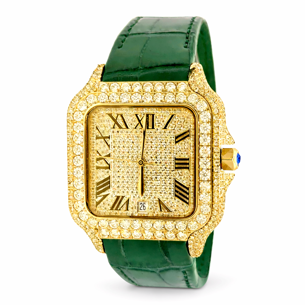 5901323 | Moissanite Steel Watch GP Case Green Leather Band