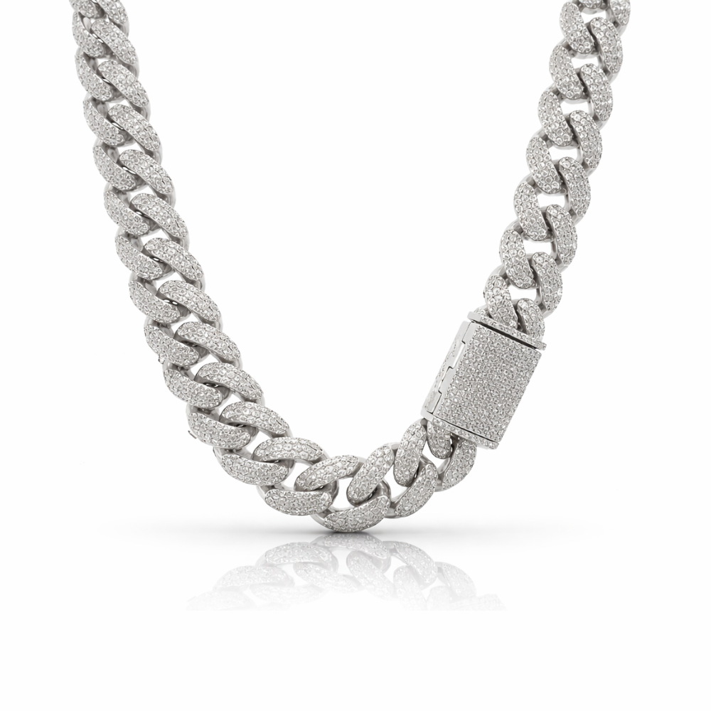 MONEYED SILVER MOISSANITE 14MM CUBAN CHAIN | 993431