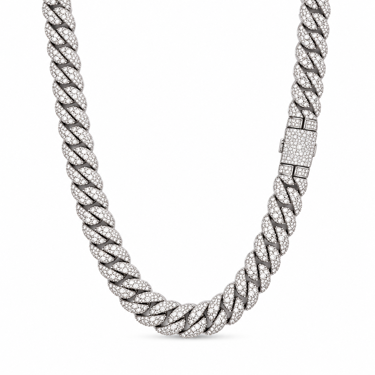 9100161 | 28.87 CTW Brass Moissanite Rhodium 12mm 22" Cuban Chain