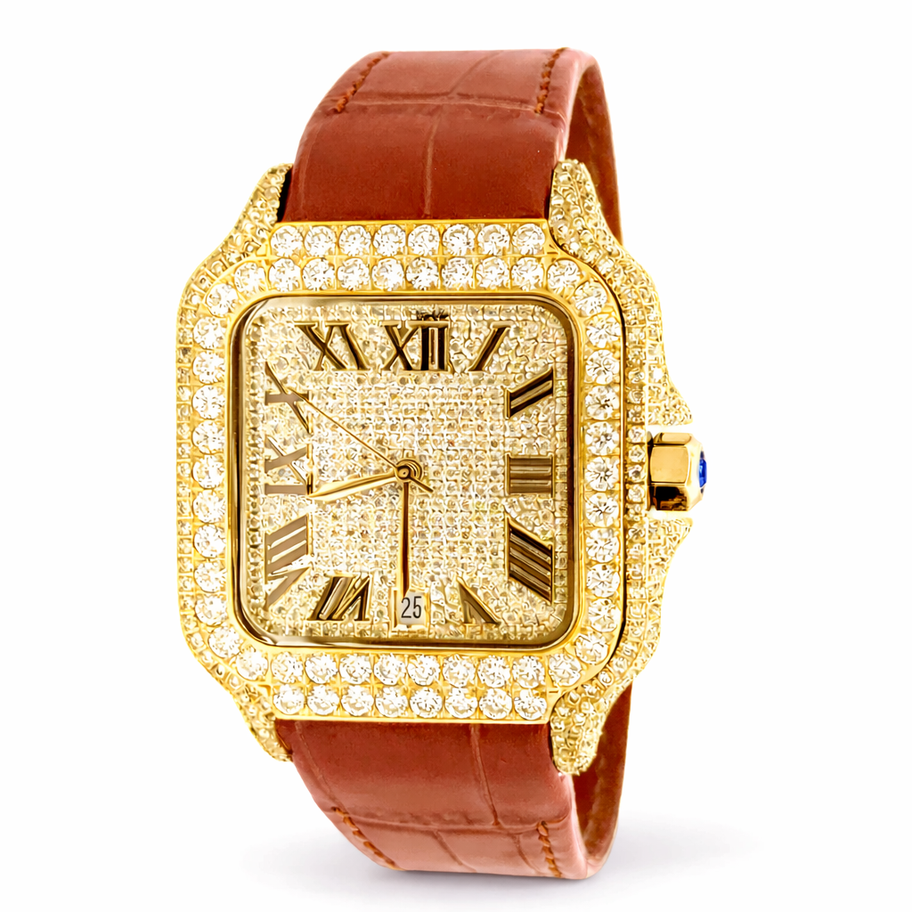 5901330 | Moissanite Steel Watch GP Case Brown Leather Band