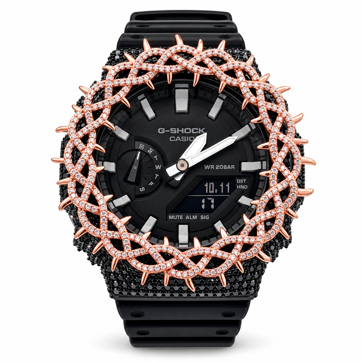 590266 | Brass Moissanite Rose Black Throne Bezel G-Shock Watch