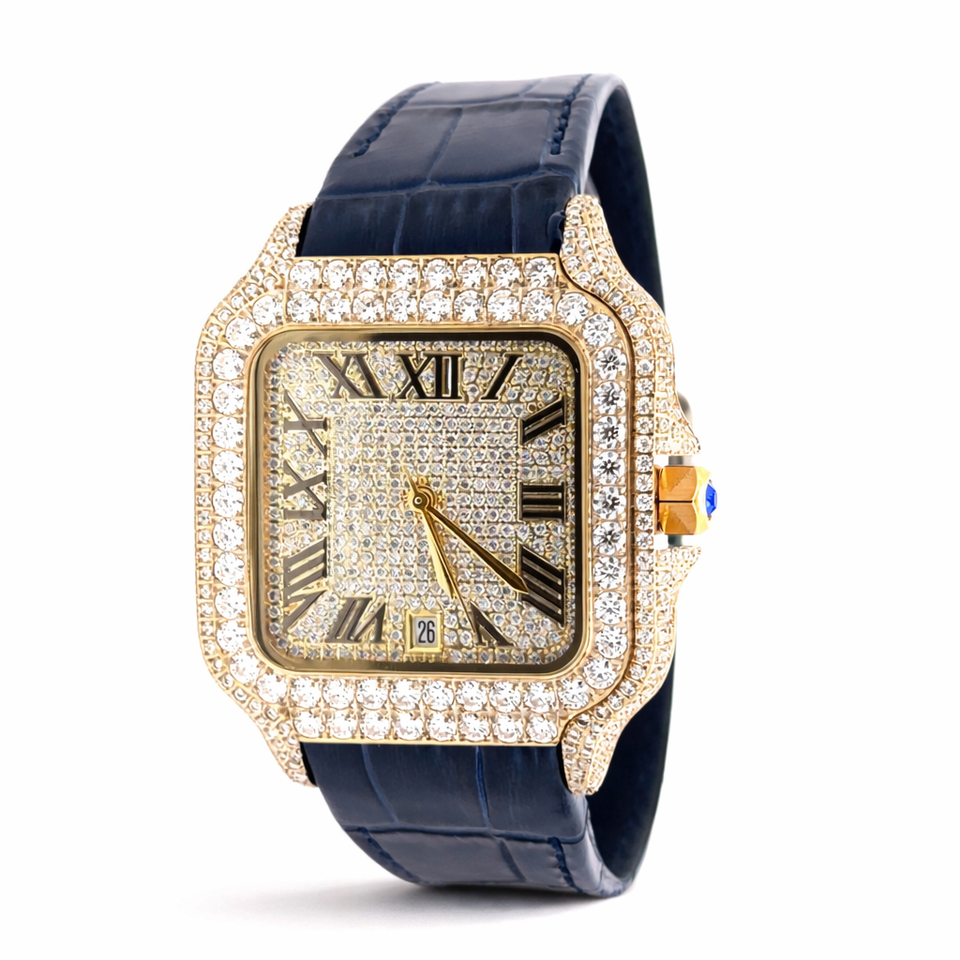 5901314 | Moissanite Steel Watch GP Case Blue Leather Band