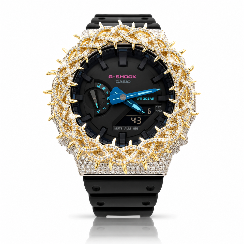 5903442 | 925 Silver Moissanite G-Shock Two Tone Gold Throne Bezel Watch
