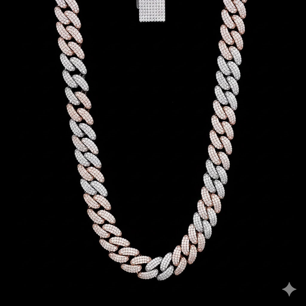 9914320 | 925 Silver Moissanite Two Tone Rhodium Rose Gold Cuban