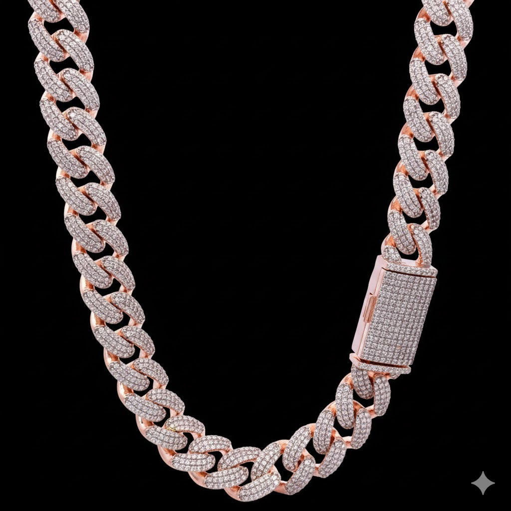 991435 | 925 Silver Moissanite Cuban 12mm Rose Gold Cuban Chain