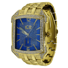Icemaster Mens Gold on BlueDial Crystal 2Row Bezel Rectangle face Hip Hop Bling Metal Watch