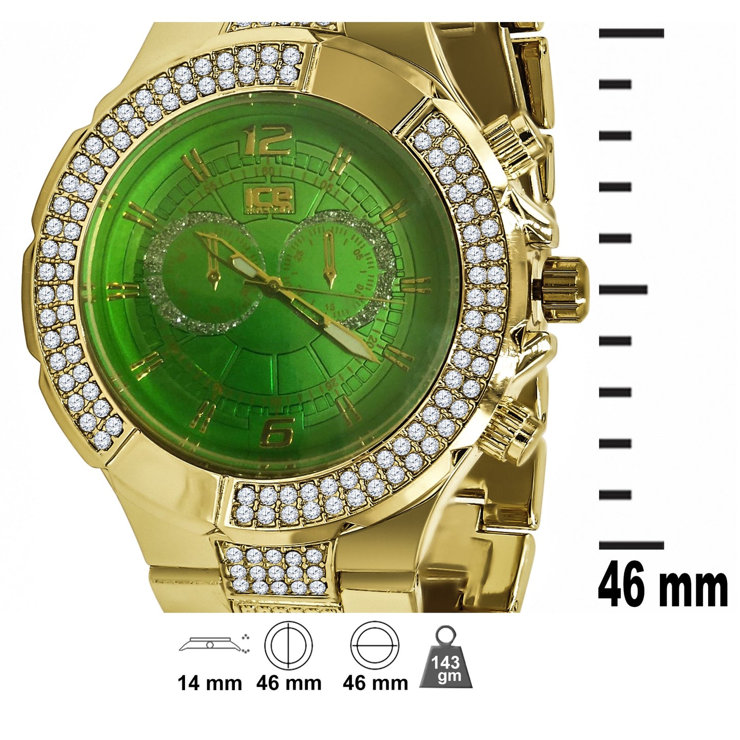 Yellow 2 Row Green Dial Iced out Bling Metal