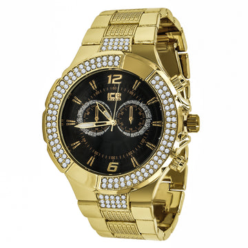 Yellow Gold 2 Row Black Dial Iced out Bling Metal